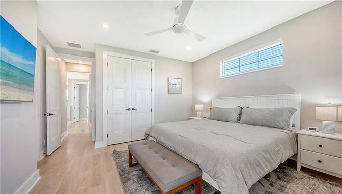 Bedroom, Interior, Recessed Lighting, Wood Texture Flooring