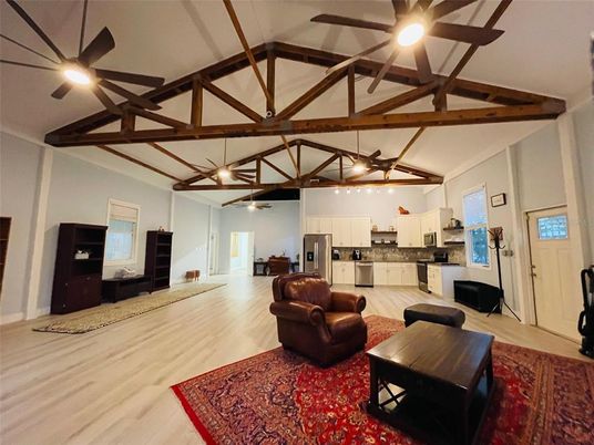 Interior, Kitchen, Pendant Lights, Stainless Steel Appliances, Wooden Beams, Wood Texture Flooring