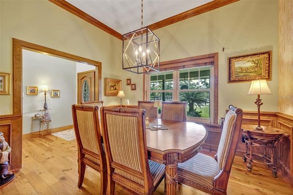 Dining room, Interior, Pendant Lights, Wood Texture Flooring