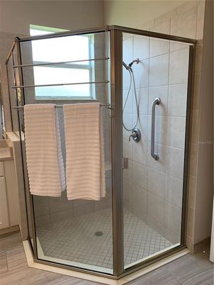 Bathroom, Glass Shower, Interior, Wood Texture Flooring
