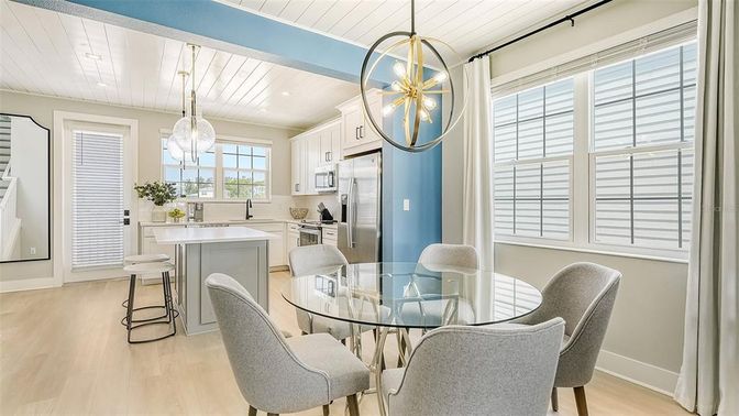 Dining room, Interior, Kitchen, Pendant Lights, Wood Texture Flooring