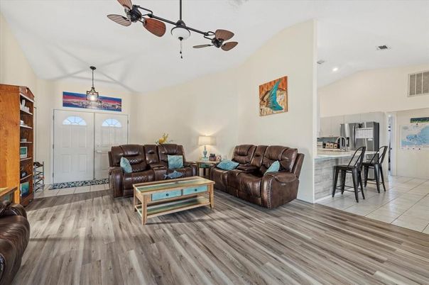 Interior, Kitchen, Living room, Pendant Lights, Recessed Lighting, Wood Texture Flooring