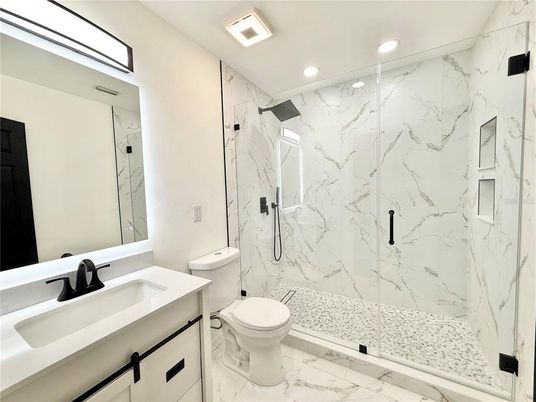 Bathroom, Glass Shower, Interior, Marble, Marble Walls, Recessed Lighting