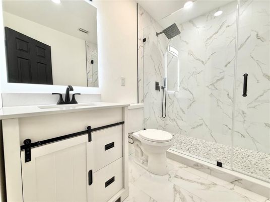 Bathroom, Glass Shower, Interior, Marble, Marble Walls, Recessed Lighting