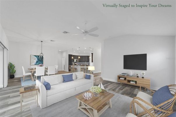 Dining room, Interior, Kitchen, Living room, Pendant Lights, Recessed Lighting, Stainless Steel Appliances, Wood Texture Flooring