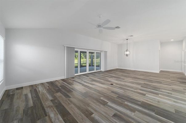 Empty room, Interior, Pendant Lights, Recessed Lighting, Wood Texture Flooring