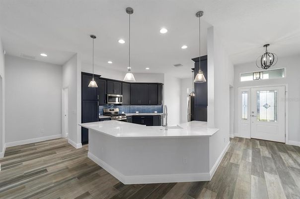 Interior, Kitchen, Pendant Lights, Recessed Lighting, Stainless Steel Appliances, Wood Texture Flooring