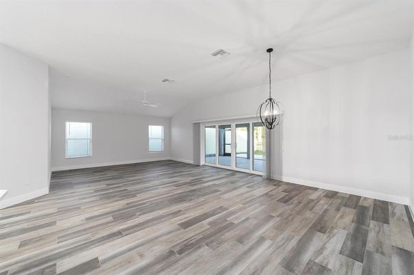 Chandelier, Empty room, Interior, Pendant Lights, Wood Texture Flooring