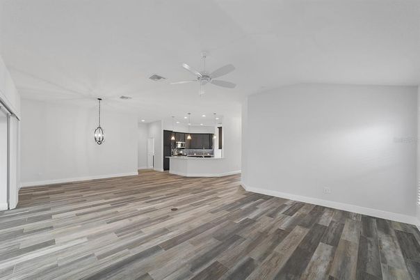 Empty room, Interior, Kitchen, Pendant Lights, Recessed Lighting, Wood Texture Flooring