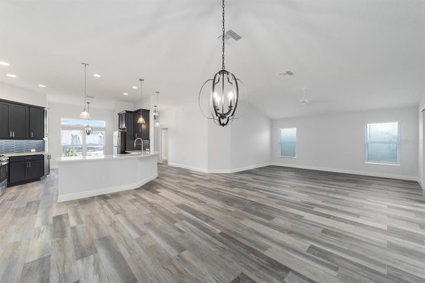 Empty room, Interior, Kitchen, Pendant Lights, Recessed Lighting, Wood Texture Flooring