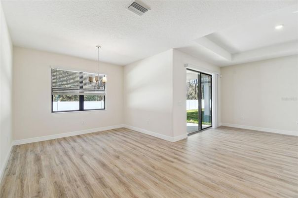 Empty room, Interior, Pendant Lights, Recessed Lighting, Wood Texture Flooring
