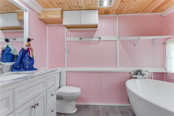 Bathroom, Free Standing Baths, Interior, Wooden Ceilings, Wood Texture Flooring