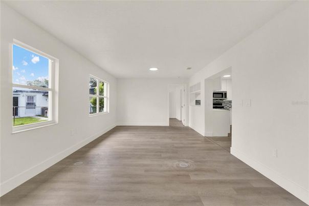 Empty room, Interior, Kitchen, Recessed Lighting, Wood Texture Flooring