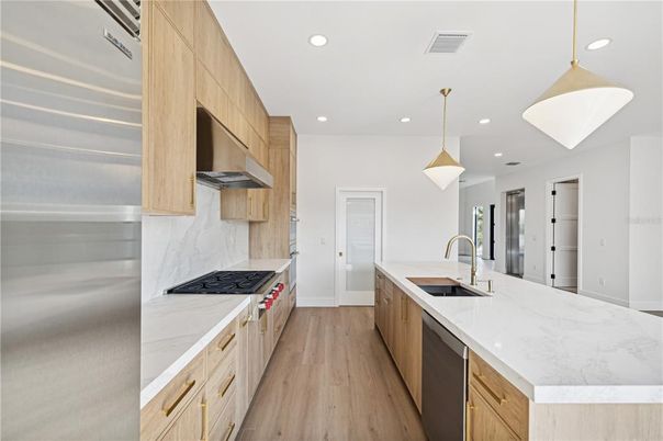 Interior, Kitchen, Pendant Lights, Recessed Lighting, Stainless Steel Appliances, Wood Texture Flooring