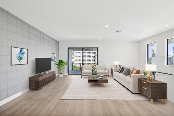 Interior, Living room, Recessed Lighting, Wood Texture Flooring