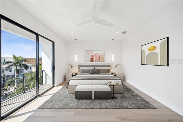 Bedroom, Interior, Pendant Lights, Recessed Lighting, Wood Texture Flooring