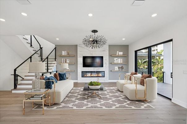 Fireplace, Interior, Living room, Recessed Lighting, Wood Texture Flooring