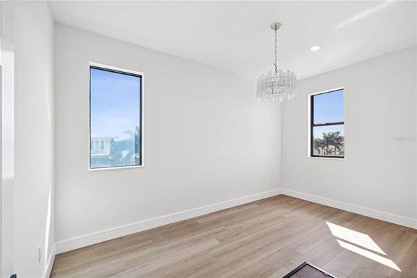 Chandelier, Empty room, Interior, Recessed Lighting, Wood Texture Flooring