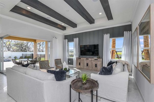 Dining room, Interior, Living room, Recessed Lighting, Wooden Beams