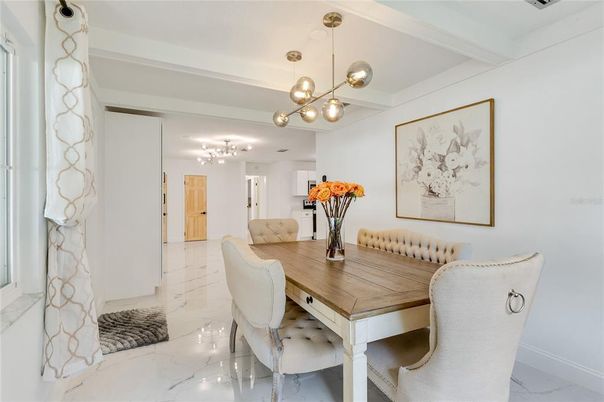 Dining room, Interior, Marble, Pendant Lights