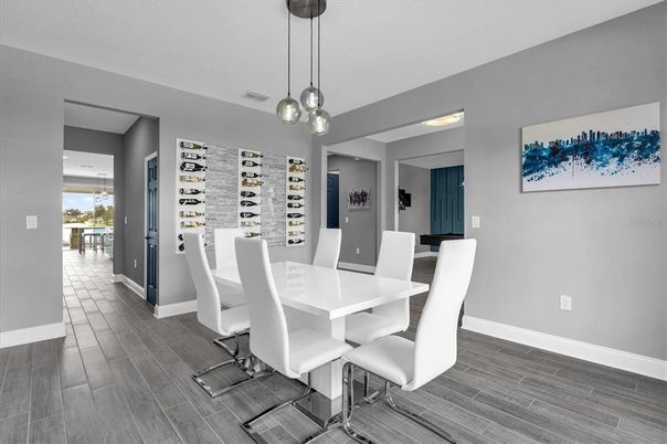 Dining room, Interior, Pendant Lights, Wood Texture Flooring