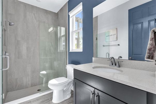 Bathroom, Glass Shower, Interior, Wood Texture Flooring