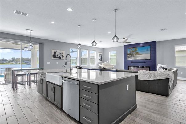 Dining room, Fireplace, Interior, Kitchen, Pendant Lights, Recessed Lighting, Wood Texture Flooring