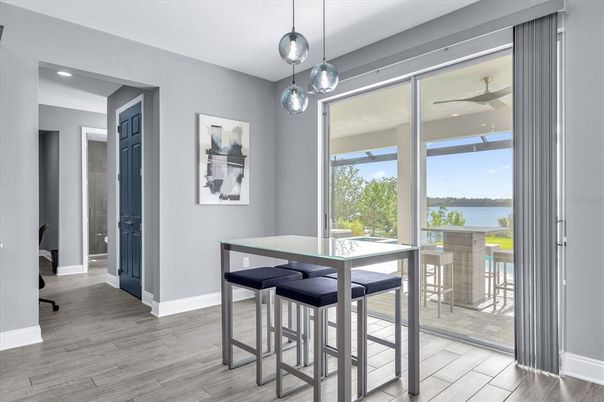 Dining room, Interior, Pendant Lights, Water, Wood Texture Flooring