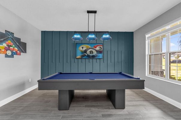 Billiard Table, Game Room, Interior, Pendant Lights, Wood Texture Flooring