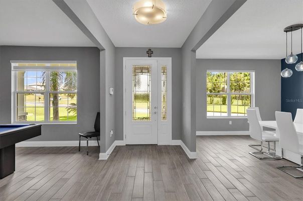 Billiard Table, Dining room, Game Room, Interior, Pendant Lights, Wood Texture Flooring