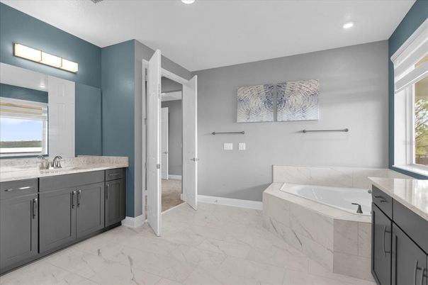 Bathroom, Dual Sink Vanities, Interior, Marble, Recessed Lighting