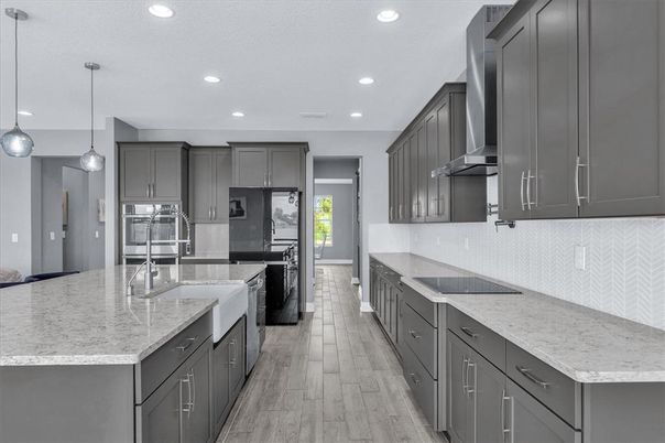 Interior, Kitchen, Pendant Lights, Recessed Lighting, Stainless Steel Appliances, Wood Texture Flooring