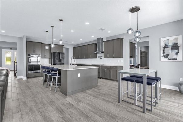 Interior, Kitchen, Pendant Lights, Recessed Lighting, Stainless Steel Appliances, Wood Texture Flooring