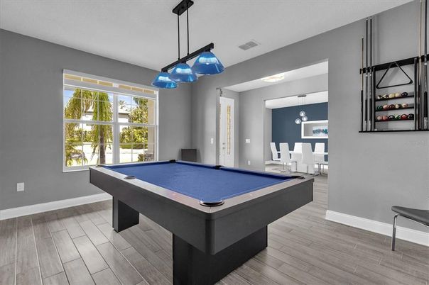 Billiard Table, Game Room, Interior, Pendant Lights, Wood Texture Flooring