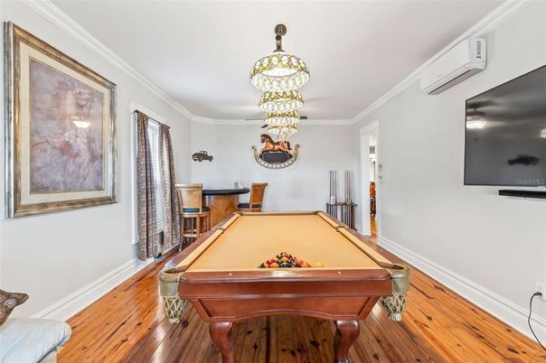 Billiard Table, Chandelier, Game Room, Interior, Pendant Lights, Wood Texture Flooring