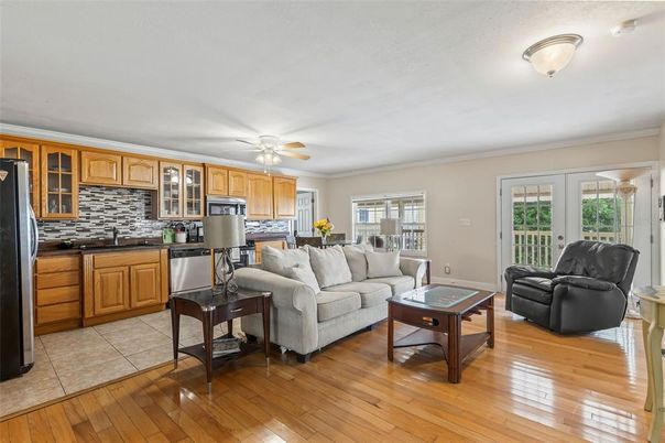 Interior, Kitchen, Living room, Stainless Steel Appliances, Wood Texture Flooring