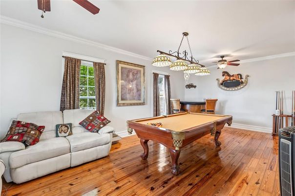 Billiard Table, Chandelier, Game Room, Interior, Pendant Lights, Wood Texture Flooring