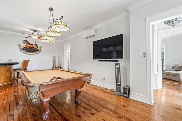 Billiard Table, Chandelier, Game Room, Interior, Pendant Lights, Wood Texture Flooring