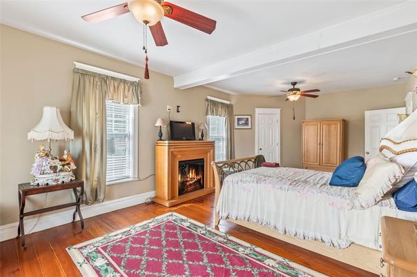 Bedroom, Fireplace, Interior, Wood Texture Flooring