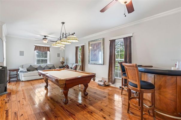 Billiard Table, Chandelier, Game Room, Interior, Pendant Lights, Wood Texture Flooring