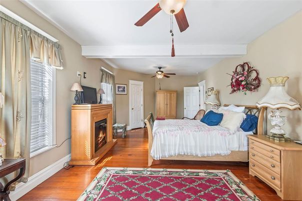 Bedroom, Fireplace, Interior, Wood Texture Flooring