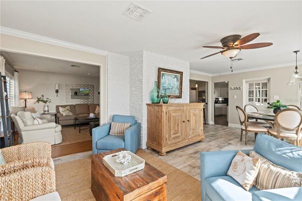 Dining room, Interior, Kitchen, Living room, Pendant Lights, Wood Texture Flooring