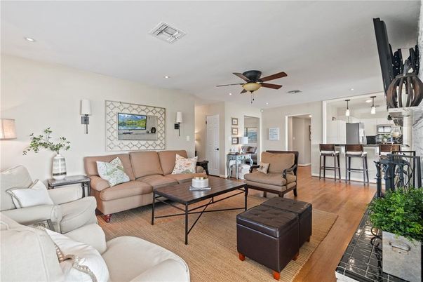 Dining room, Fireplace, Interior, Kitchen, Living room, Pendant Lights, Recessed Lighting, Wood Texture Flooring