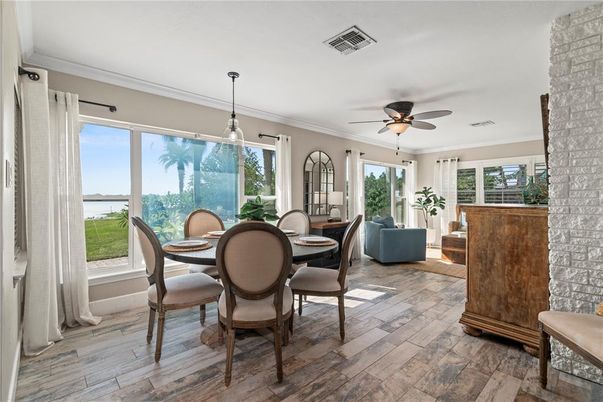 Dining room, Interior, Living room, Pendant Lights, Wood Texture Flooring