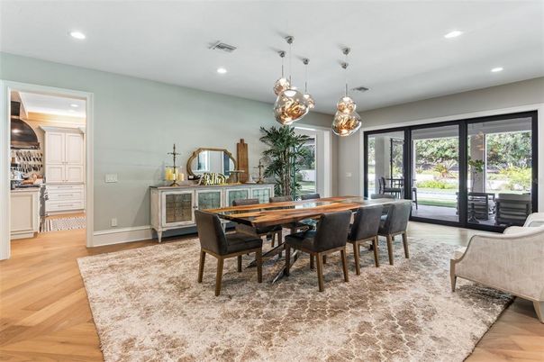 Dining room, Interior, Pendant Lights, Recessed Lighting, Wood Texture Flooring