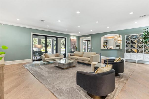 Chandelier, Interior, Living room, Recessed Lighting, Wood Texture Flooring