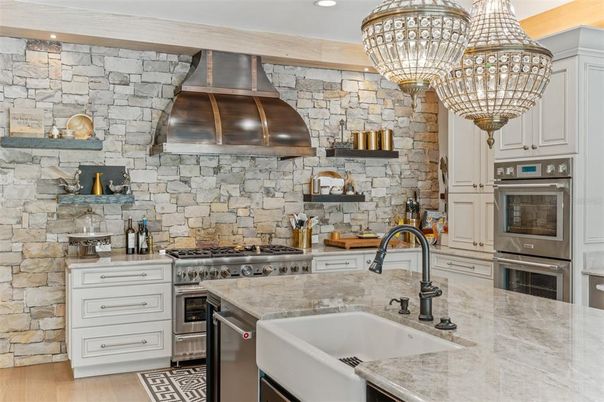 Interior, Kitchen, Recessed Lighting, Stainless Steel Appliances, Stone Walls, Wood Texture Flooring