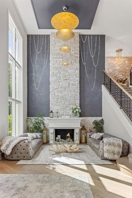 Fireplace, Interior, Living room, Pendant Lights, Stone Walls, Wood Texture Flooring