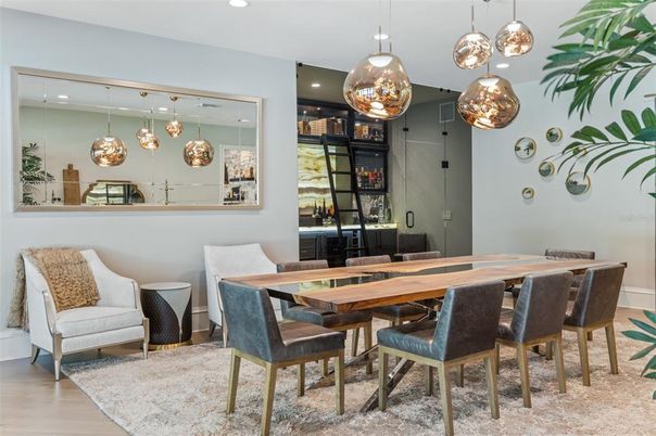 Dining room, Interior, Pendant Lights, Recessed Lighting, Wood Texture Flooring