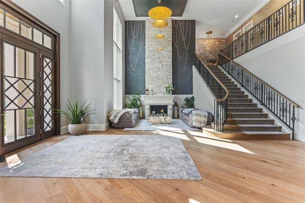 Chandelier, Fireplace, Interior, Recessed Lighting, Wood Texture Flooring